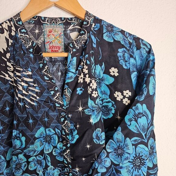 Johnny Was Floral Silk Top, Blue And Black, Size Small - Picture 1 of 6
